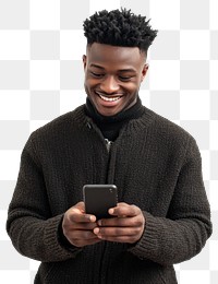 PNG Young men is smiling while looking at his phone sweater happy man.