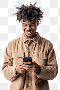 PNG Young man is smiling while looking at his phone happy male communication.