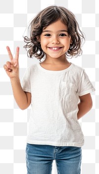 PNG Peace hand sign gesture girl t-shirt smiling.