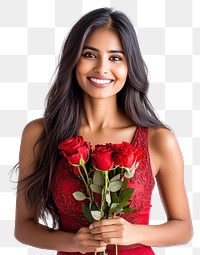 PNG Indian woman in a red dress holding roses happy photography portrait.