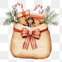 PNG F a Christmas sack filled with two gift boxes illustration gingerbread nutcracker.