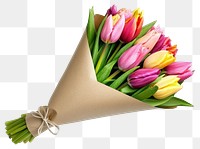 PNG A bouquet of colorful tulips wrapped in kraft paper flowers vibrant petals.