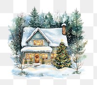 PNG A cozy Christmas house nestled in the forest christmas trees illustration.