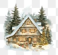 PNG A cozy Christmas house nestled in the forest christmas tree illustration.