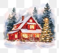 PNG A cozy Christmas red house in the forest christmas tree illustration.