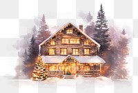 PNG A cozy Christmas wooden house in the forest christmas illustration lights.