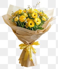 PNG Yellow tone flowers bouquet ribbon paper arrangement.