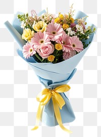 PNG A beautiful bouquet of pink and yellow pastel flowers ribbon blue yellow ribbon.