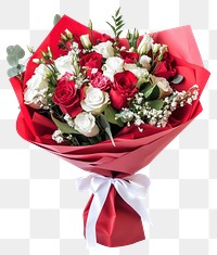 PNG A beautiful bouquet of red roses and white flowers wrapped paper arrangement.