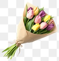 PNG A bouquet of colorful tulips wrapped in kraft paper flower arrangement decoration.