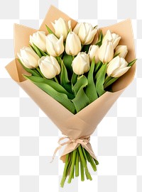 PNG A bouquet of white tulips wrapped in kraft paper flowers arrangement beautiful.