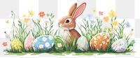 PNG Easter eggs and rabbit on green grass and flowers border illustration easter bunny.