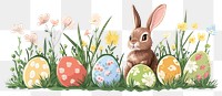 PNG Easter eggs and rabbit on green grass and flowers border illustration easter bunny.