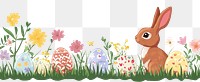 PNG Easter eggs and rabbit on green grass and flowers border illustration easter bunny.