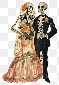 PNG Skeleton in wedding dress skeleton illustration vintage.