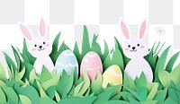 PNG Green field with cute easter eggs bunnies paper celebration.