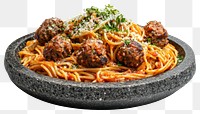 PNG An isolated meat ball spaghetti on a stone plate meatballs pasta food.