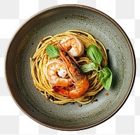 PNG An isolated shrimp garlic spaghetti on a modern ceramic plate food seafood meal.