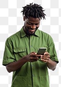 PNG An isolated black man wearing green shirt playing his phone with smile photography texting person.