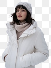 PNG Woman is wearing minimal white winter jacket nature snow photography.