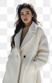 PNG Woman is wearing minimal white oversize wool coat snow portrait outdoors.