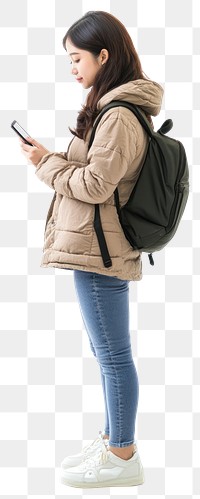 PNG Asian woman waiting in queue smartphone background backpack.