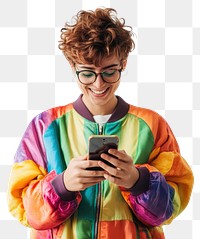 PNG Lgbt person using and looking at smartphone portrait glasses jacket.