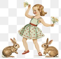 PNG Vintage illustration of little girl rabbits flowers child.