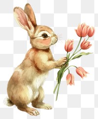 PNG Cute rabbit illustration watercolor flowers.