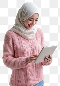 PNG Young adult Muslim woman tap on tablet sweater background hijab.