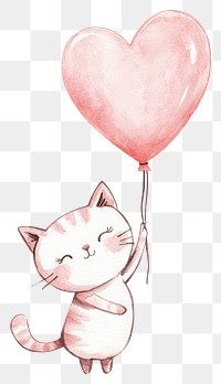 PNG A cute cat in pink holding heart-shaped balloon illustration illustrated whimsical.