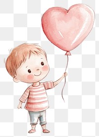 PNG A cute baby boy in pink holding heart-shaped balloon watercolor illustration playful.