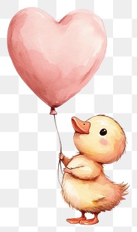 PNG A cute baby duck in pink holding heart-shaped balloon watercolor animal illustration.