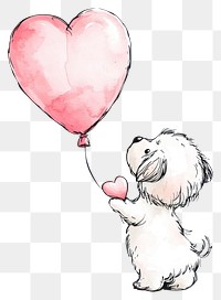 PNG A cute dog in pink holding heart-shaped balloon illustration wildlife romantic.