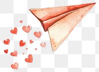 PNG A cute paper airplane with hearts flying on it watercolor white illustration.