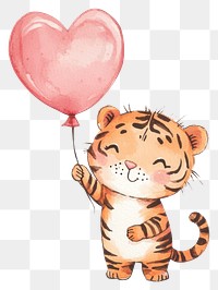 PNG A cute tiger in pink holding heart-shaped balloon watercolor animal illustration.