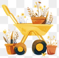 PNG A yellow wheelbarrow with flower pots illustration flowers plants.