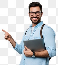 PNG Man in a light blue shirt with a laptop professional pointing glasses.