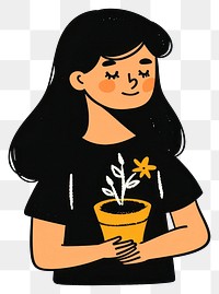 PNG Women holding potted flower woman black illustration.