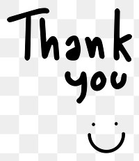 PNG Playful handwritten 'Thank you' with a smiley face in black ink, transparent background