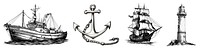 PNG Nautical icons: ship, anchor, lighthouse set, isolated on transparent background