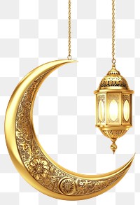 PNG Moon and two hanging lanterns gold crescent islamic.