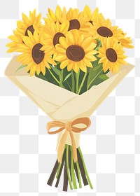 PNG Wedding sunflower flowers bouquet with paper wrap and bow tired illustration art arrangement.