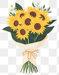 PNG Wedding sunflower flowers bouquet with paper wrap and bow tired art illustration arrangement.