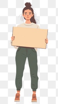 PNG Young woman holding empty wood board illustration cardboard sign.