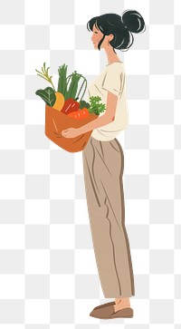 PNG Woman holding vegetables bag illustration minimalist side.