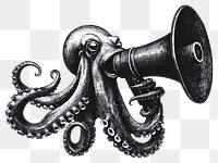 PNG Octopus holding a big megaphone surreal black white.