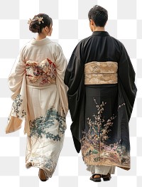 PNG Asian couple walking with sinter outfit clothing fashion kimono.