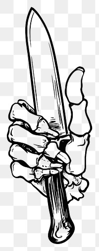 PNG Skeleton hand holding knife illustration black white.