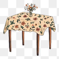 PNG Table with floral table cloth illustration tablecloth flowers.